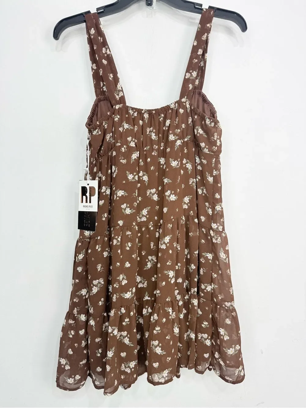 Rachel Paige Brown White Floral Baby Doll Cottage Core Tiered Mini Dress NEW